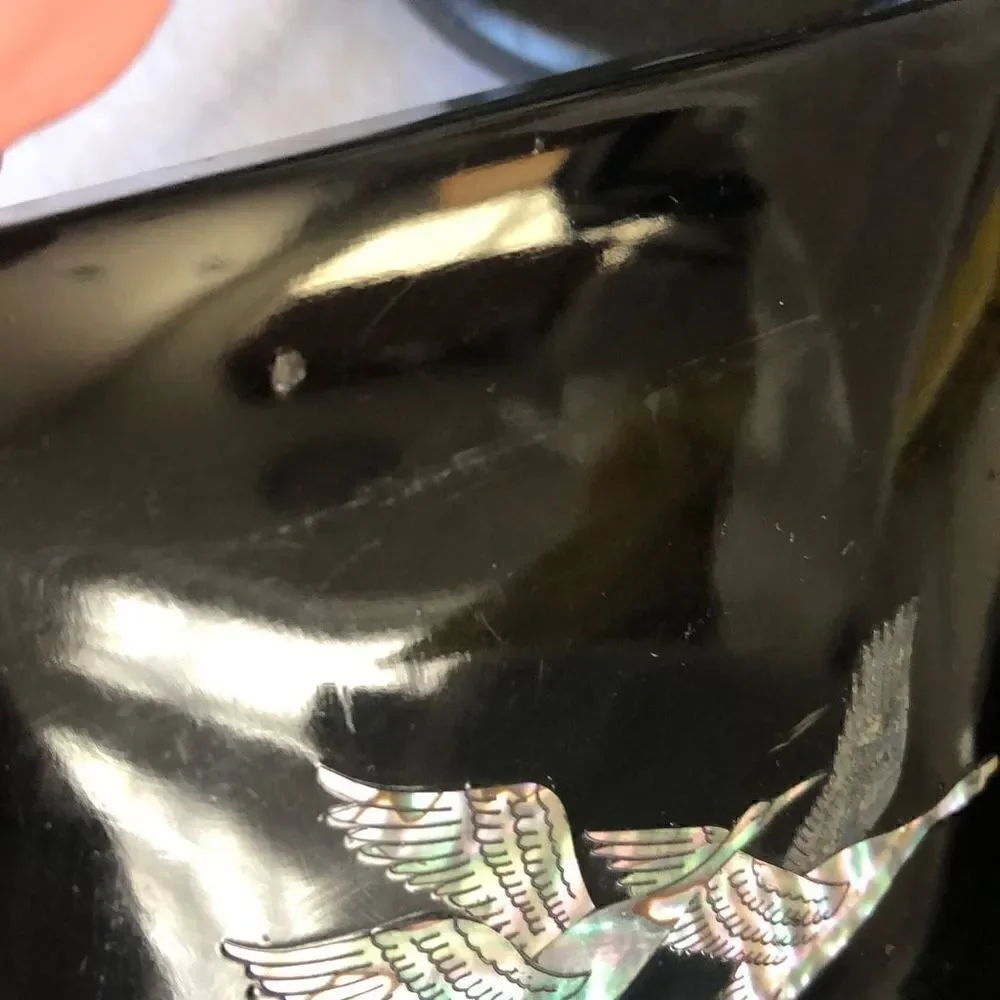 Black lacquer, decorative box with mother of pearl bird inlay Trinket box, jewel